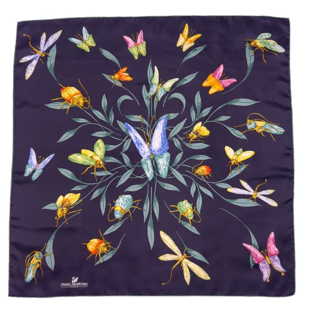Daniel Swarovski Paris 100% Silk Scarf Insect Paradise Italy Hand Rolled Navy
